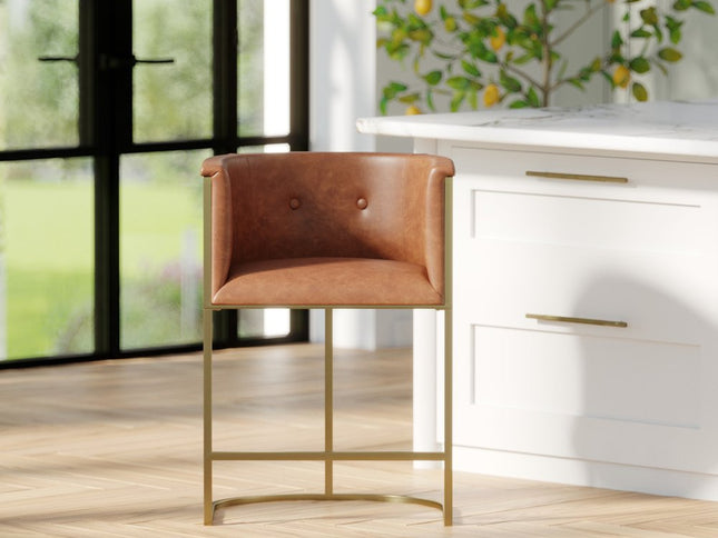 26" Brown and Gold Wood Fabric and Steel Low Back Counter Height Bar Chair