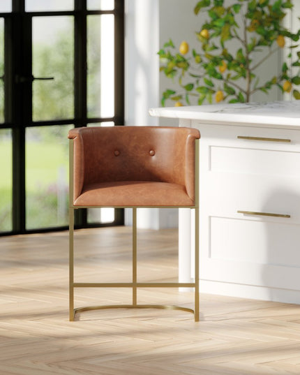 26" Brown and Gold Wood Fabric and Steel Low Back Counter Height Bar Chair