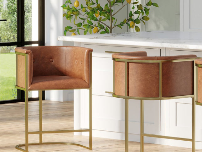 26" Brown and Gold Wood Fabric and Steel Low Back Counter Height Bar Chair