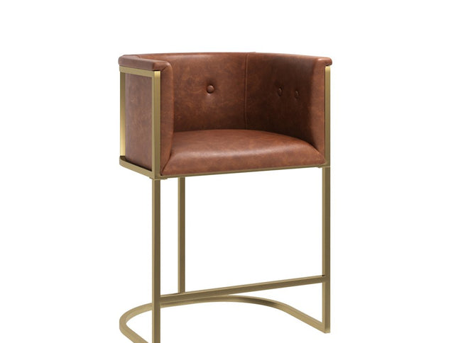 26" Brown and Gold Wood Fabric and Steel Low Back Counter Height Bar Chair