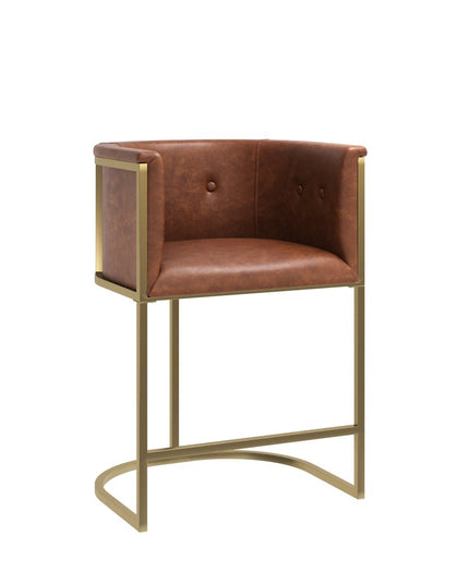 26" Brown and Gold Wood Fabric and Steel Low Back Counter Height Bar Chair