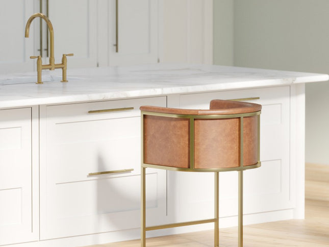 26" Brown and Gold Wood Fabric and Steel Low Back Counter Height Bar Chair