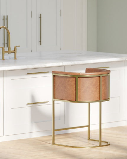 26" Brown and Gold Wood Fabric and Steel Low Back Counter Height Bar Chair