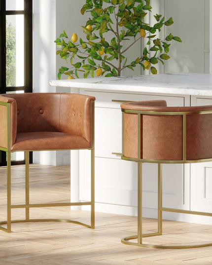 26" Brown and Gold Wood Fabric and Steel Low Back Counter Height Bar Chair