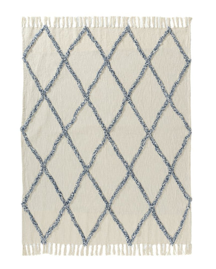 50" X 60" Ivory And Blue Argyle Cotton Woven Throw Blanket
