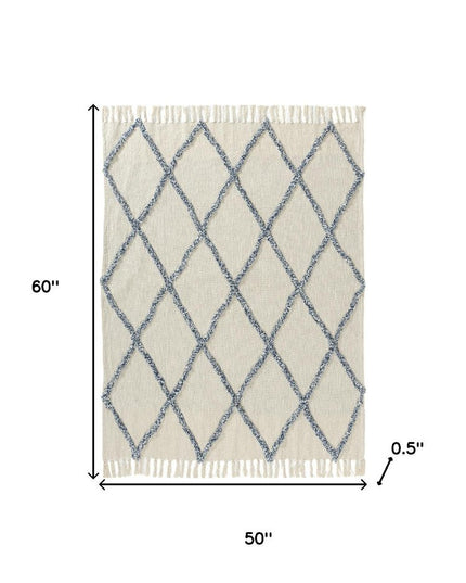 50" X 60" Ivory And Blue Argyle Cotton Woven Throw Blanket