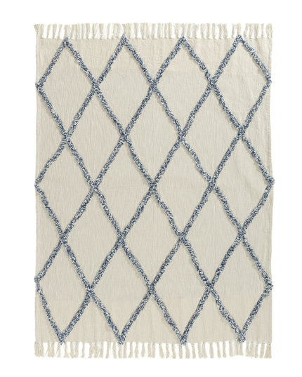 50" X 60" Ivory And Blue Argyle Cotton Woven Throw Blanket
