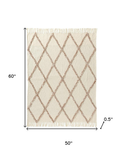 50" X 60" Ivory And Brown Argyle Cotton Woven Throw Blanket