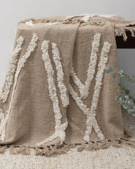 50" X 60" Tan And Ivory Geometric Cotton Woven Throw Blanket