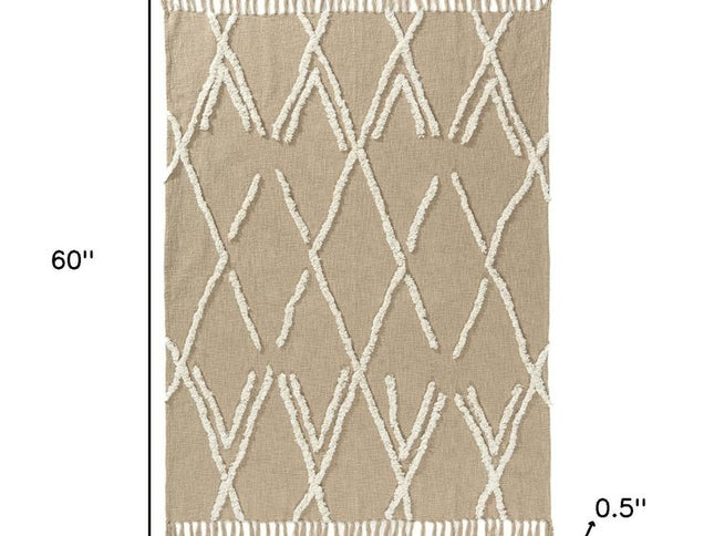 50" X 60" Tan And Ivory Geometric Cotton Woven Throw Blanket