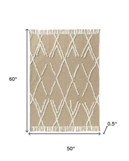 50" X 60" Tan And Ivory Geometric Cotton Woven Throw Blanket