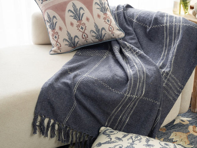 50" X 60" Blue And Ivory Plaid Cotton Blend Woven Throw Blanket