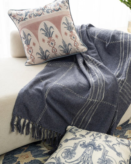 50" X 60" Blue And Ivory Plaid Cotton Blend Woven Throw Blanket