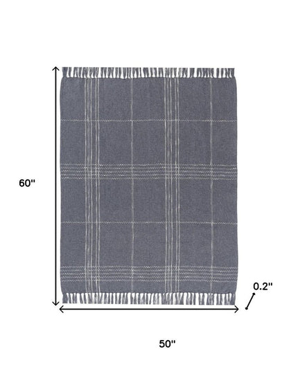 50" X 60" Blue And Ivory Plaid Cotton Blend Woven Throw Blanket