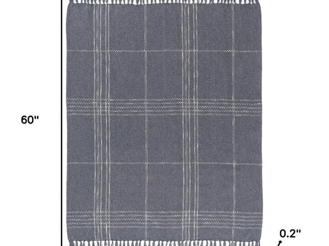 50" X 60" Blue And Ivory Plaid Cotton Blend Woven Throw Blanket