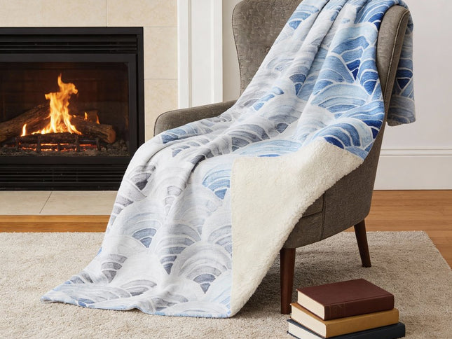 50" X 70" Blue And Ivory Coastal Seashell Microfiber Plush Throw Blanket