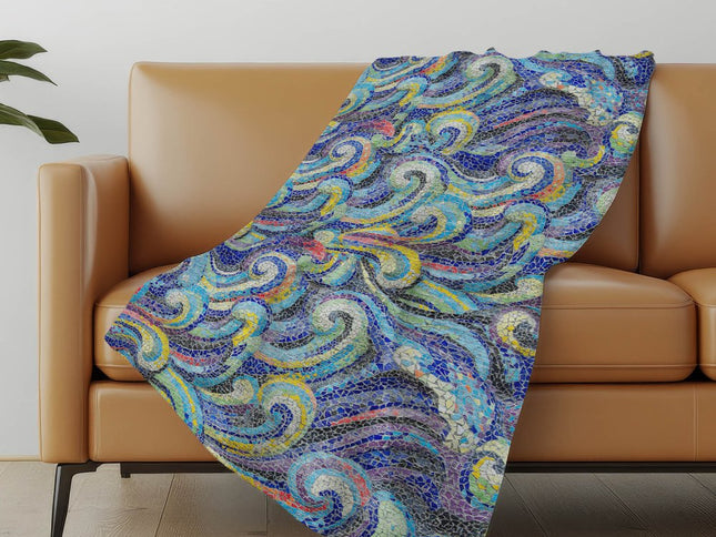 50" X 70" Blue Yellow And Ivory Abstract Polyester Woven Plush Throw Blanket