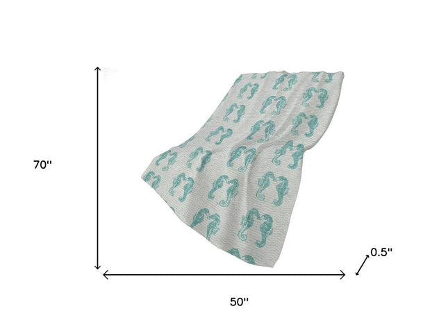 50" X 70" Aqua And Ivory Animal Print Polyester Woven Plush Throw Blanket