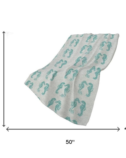 50" X 70" Aqua And Ivory Animal Print Polyester Woven Plush Throw Blanket