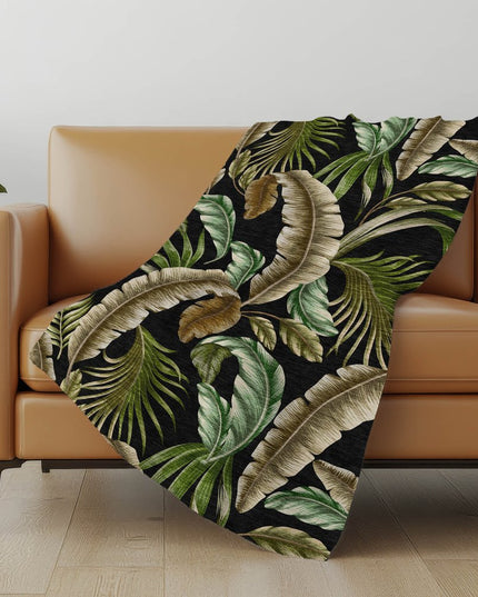 50" X 70" Midnight Chocolate And Beige Leaves Polyester Woven Plush Throw Blanket