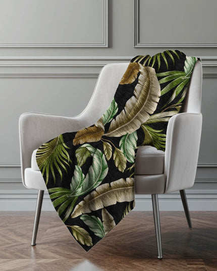 50" X 70" Midnight Chocolate And Beige Leaves Polyester Woven Plush Throw Blanket