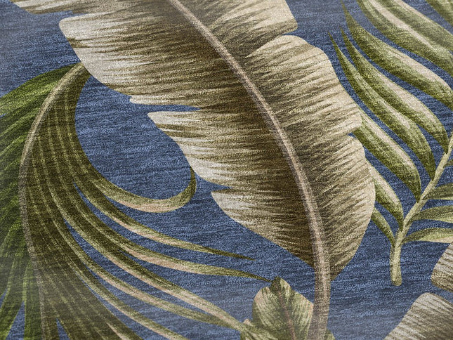 50" X 70" Blue Green And Beige Leaves Polyester Woven Plush Throw Blanket