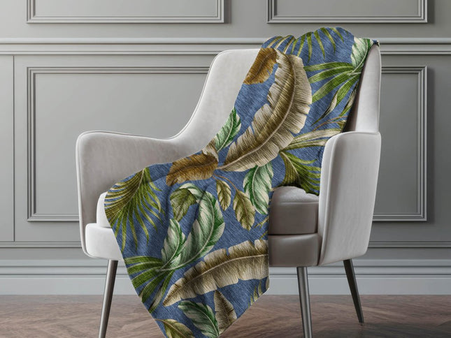 50" X 70" Blue Green And Beige Leaves Polyester Woven Plush Throw Blanket