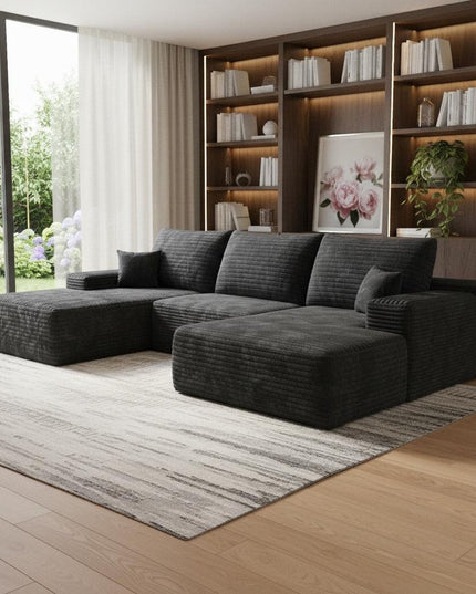 135" Black Corduroy Modular Compression Foam Sofa With Ottoman And Toss Pillows