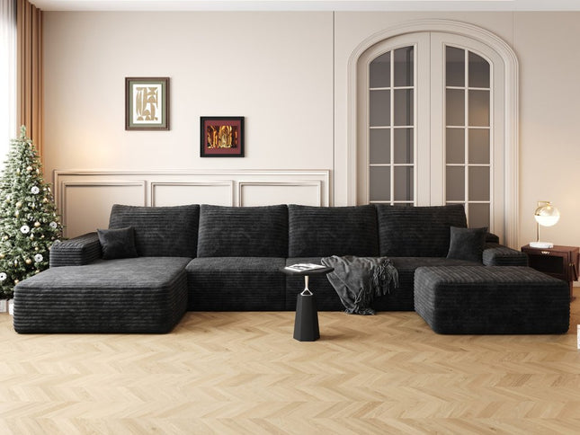 135" Black Corduroy Modular Compression Foam Sofa With Ottoman And Toss Pillows