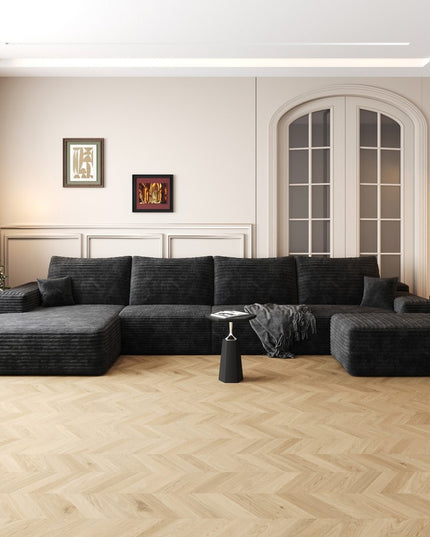 135" Black Corduroy Modular Compression Foam Sofa With Ottoman And Toss Pillows