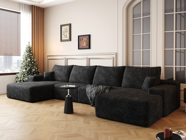 135" Black Corduroy Modular Compression Foam Sofa With Ottoman And Toss Pillows