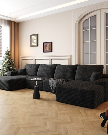 135" Black Corduroy Modular Compression Foam Sofa With Ottoman And Toss Pillows