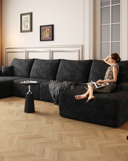 135" Black Corduroy Modular Compression Foam Sofa With Ottoman And Toss Pillows