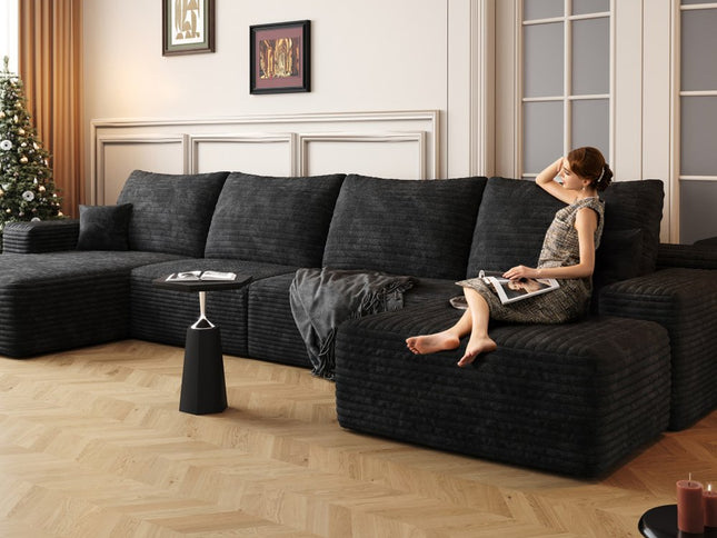 135" Black Corduroy Modular Compression Foam Sofa With Ottoman And Toss Pillows