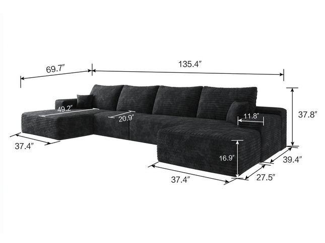 135" Black Corduroy Modular Compression Foam Sofa With Ottoman And Toss Pillows