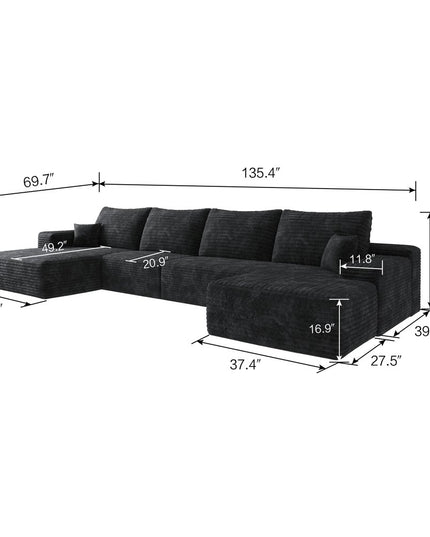 135" Black Corduroy Modular Compression Foam Sofa With Ottoman And Toss Pillows
