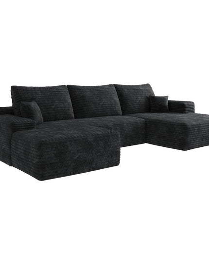 135" Black Corduroy Modular Compression Foam Sofa With Ottoman And Toss Pillows