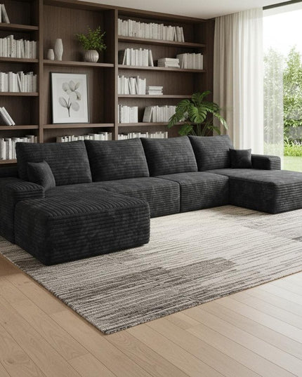 135" Black Corduroy Modular Compression Foam Sofa With Ottoman And Toss Pillows