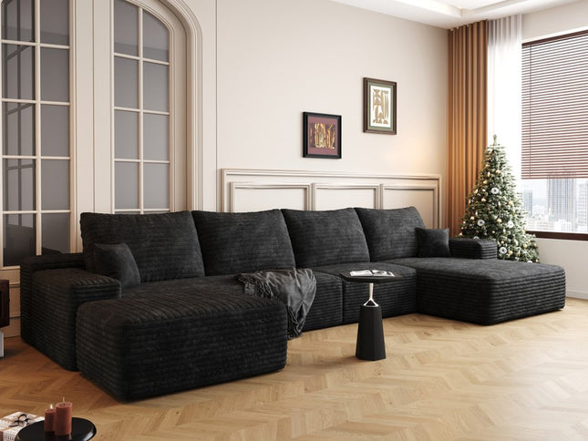 135" Black Corduroy Modular Compression Foam Sofa With Ottoman And Toss Pillows
