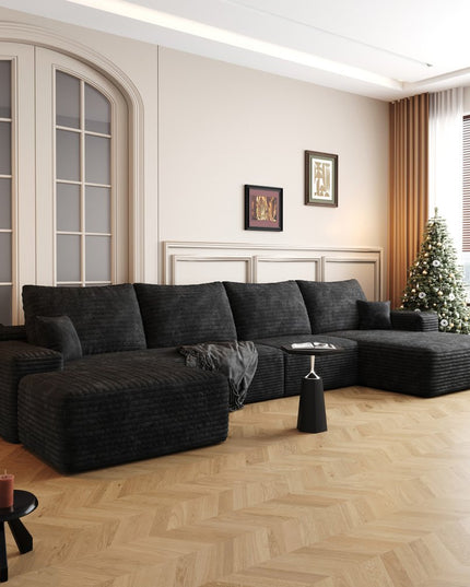 135" Black Corduroy Modular Compression Foam Sofa With Ottoman And Toss Pillows