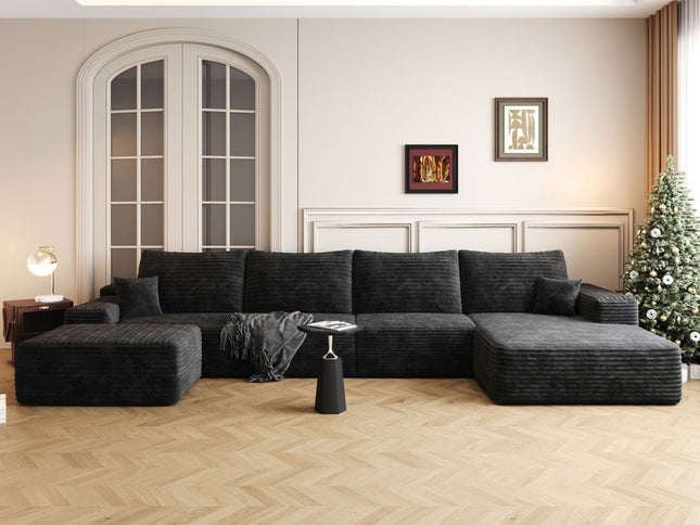 135" Black Corduroy Modular Compression Foam Sofa With Ottoman And Toss Pillows
