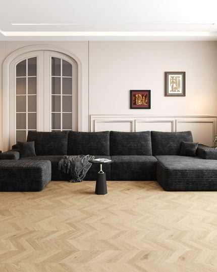 135" Black Corduroy Modular Compression Foam Sofa With Ottoman And Toss Pillows