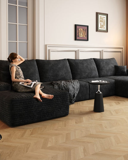 135" Black Corduroy Modular Compression Foam Sofa With Ottoman And Toss Pillows