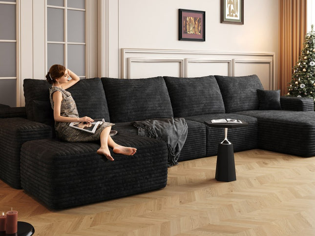135" Black Corduroy Modular Compression Foam Sofa With Ottoman And Toss Pillows
