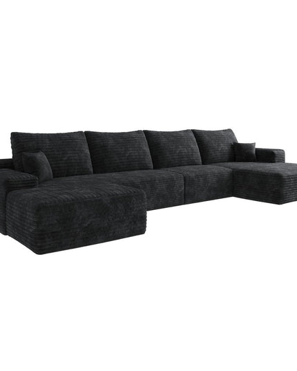 135" Black Corduroy Modular Compression Foam Sofa With Ottoman And Toss Pillows