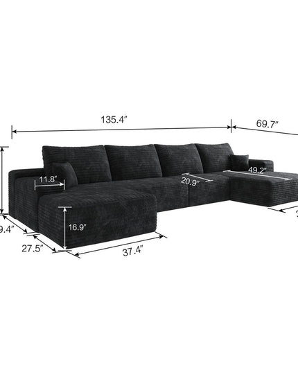 135" Black Corduroy Modular Compression Foam Sofa With Ottoman And Toss Pillows