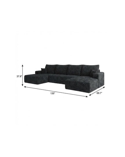 135" Black Corduroy Modular Compression Foam Sofa With Ottoman And Toss Pillows