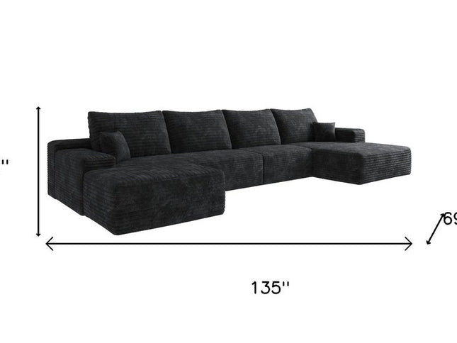 135" Black Corduroy Modular Compression Foam Sofa With Ottoman And Toss Pillows