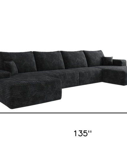 135" Black Corduroy Modular Compression Foam Sofa With Ottoman And Toss Pillows