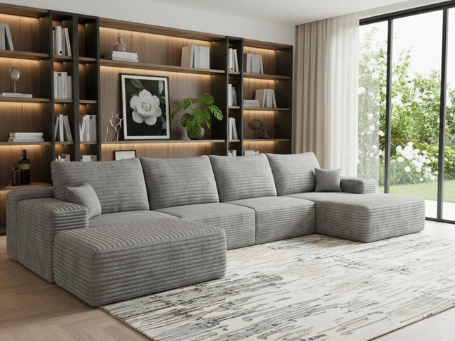135" Gray Corduroy Modular Compression Foam Sofa With Ottoman And Toss Pillows